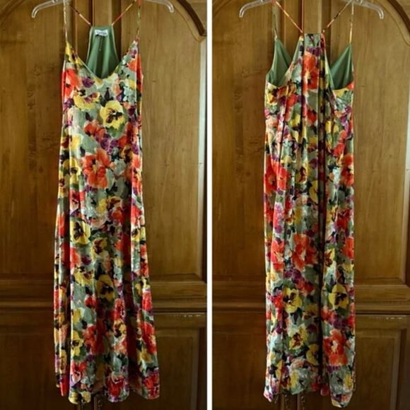 Nicole Miller satin watercolor floral maxi dress sleeveless racerback pockets S - Picture 13 of 14